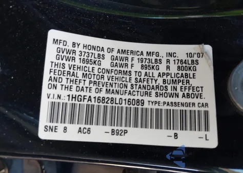 2008 Honda Civic Ex z USA, uszkodzony, nr VIN 1HGFA16828L016089